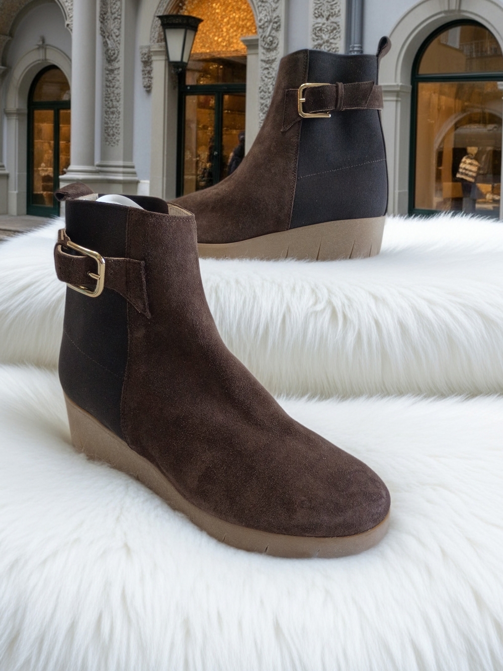 Amalfi Rangoni Gianmaria Chocolate Brown Suede Wedge Ankle Boots with Buckle 8